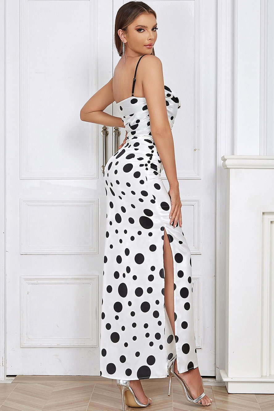 White Polka Dot Pleated Cami Maxi Dress