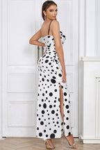 Polka Dot Sweetheart Cowl Neck Ruched Bodycon High Split Maxi Dress