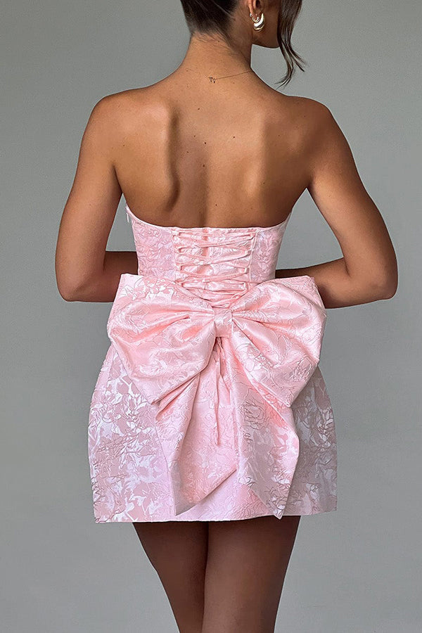 Strapless Jacquard Floral Bow Back Fit and Flare Mini Dress
