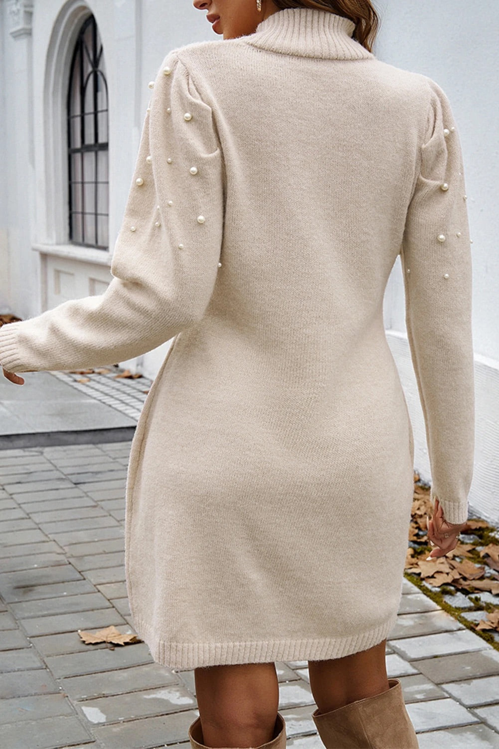 Georgia Exclusive High Neck, Bodycon Sweater Dress with Parchment Beads and Pearls Designer Edit