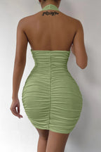 Halter Neck Deep V-Neck All Over Ruched Bodycon Mini Dress