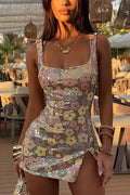 Sequined Flower Sexy Square Neck Slim Fit Mini Dress