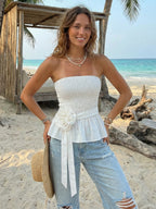 Strapless Smocked Peplum Top With 3D Flower Belt For Women 2026