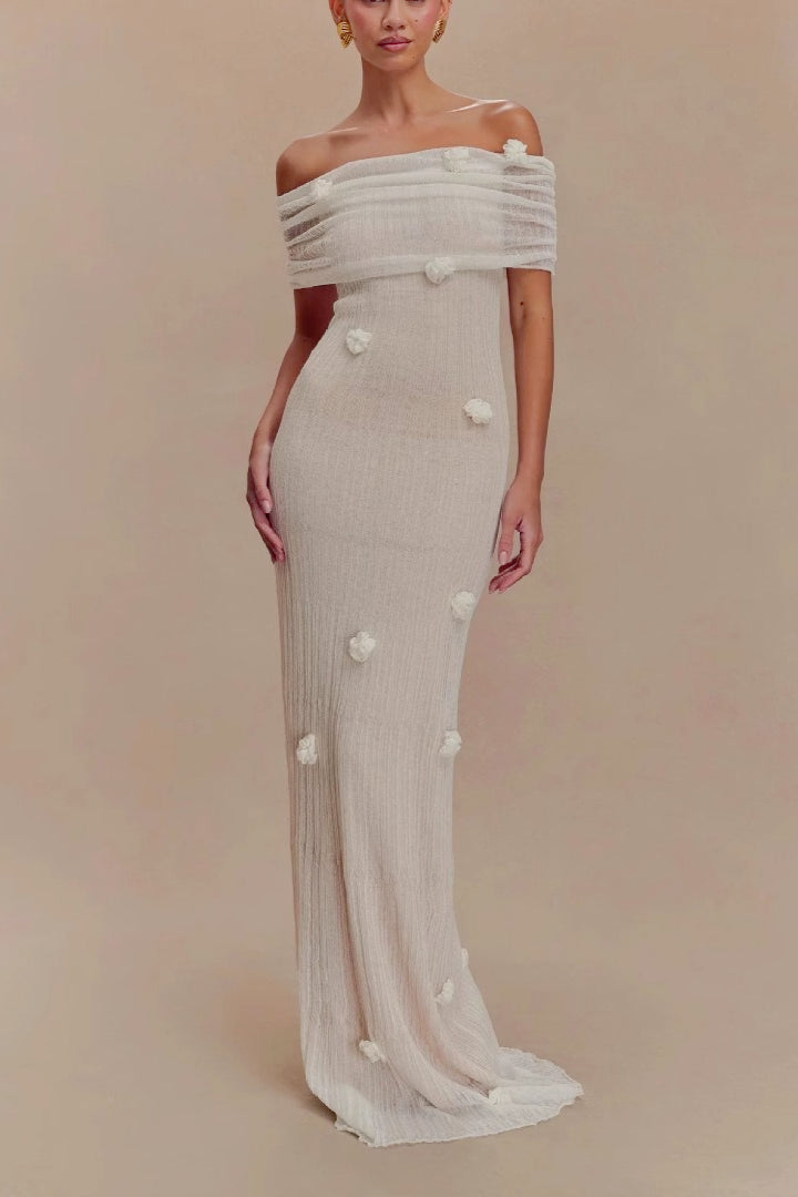 Off Shoulder 3D Floral Rosette Mesh Column Maxi Gown