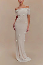Off Shoulder 3D Floral Rosette Mesh Column Maxi Gown