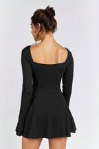 Sweetheart Tie Front Cutout Bell Sleeve Ruffle Hem Mini Dress
