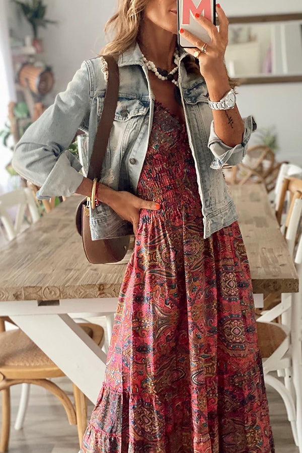 Paisley Print Ruffle V Neck Smocked Waist Tiered Maxi Dress