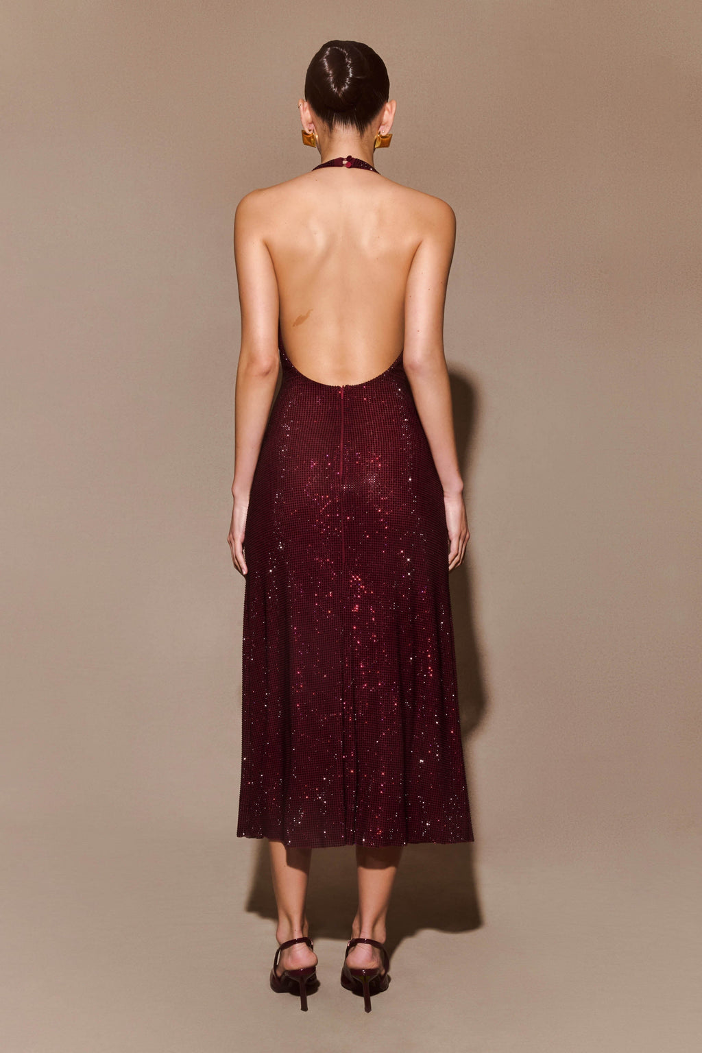 Sequin Halter Neck Deep V-Neck Bodycon Midi Dress