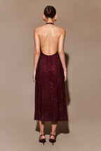 Sequin Halter Neck Deep V-Neck Bodycon Midi Dress