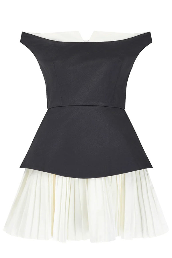 Off Shoulder Fold Over Collar Accordion Pleat Mini Dress