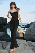 Lace Mesh Cami Ruffle Bust Tiered Layer Skirt Maxi Dress