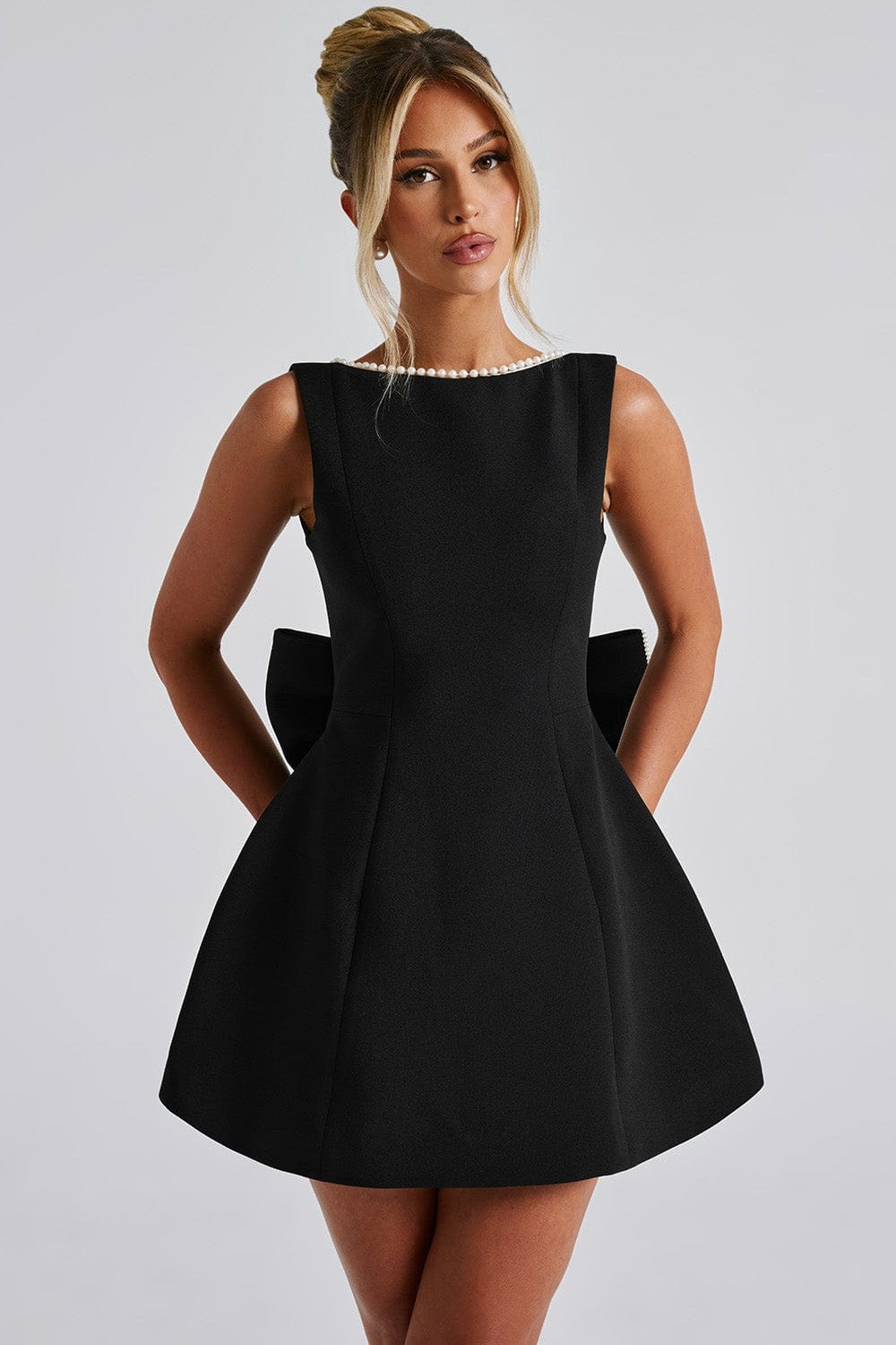Scoop Back Pearl Trim Oversized Bow Back Mini Dress