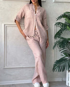 Solid Color Cotton Linen Long-sleeved Shirt & Lace-up Wide Leg Pants Two-piece Set