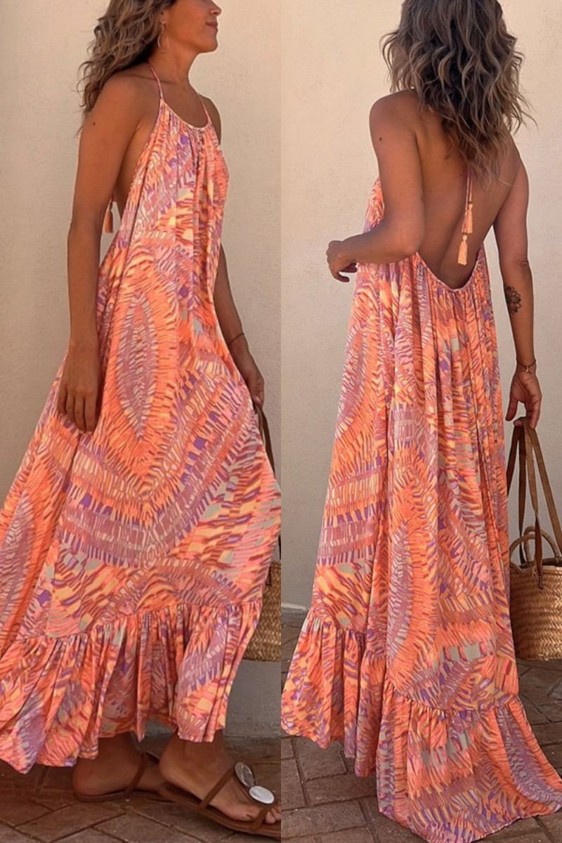 Ethnic Mandala Print Halter Backless Tassel Tiered Maxi Dress