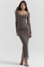 Mesh Ruched Corset Sweetheart Lace Trim Long Sleeve Bodycon Maxi Dress