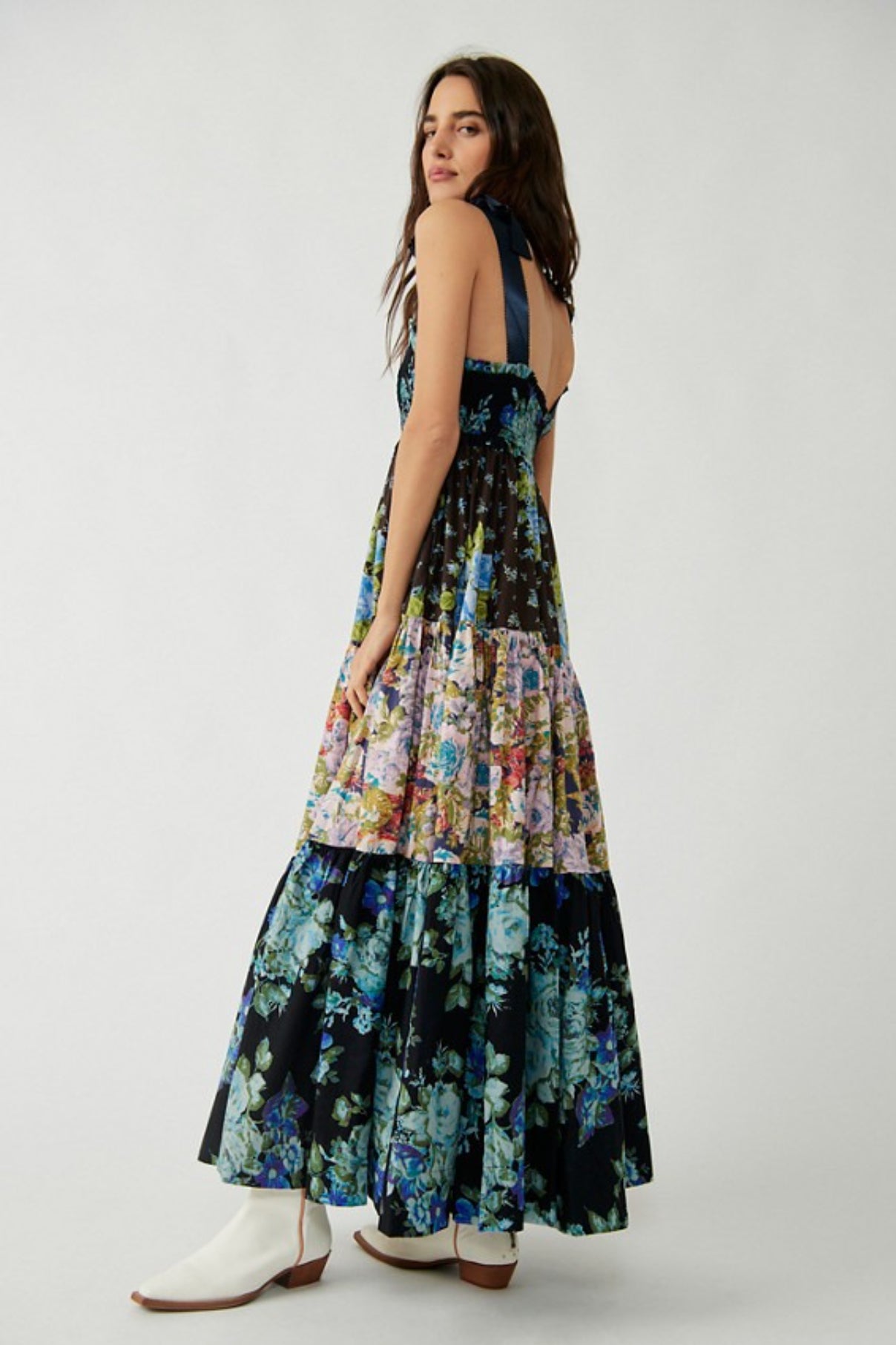 Smocked V Neck Bow Shoulder Strap Mixed Floral Tiered Maxi Dress