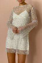 Sequin Mesh Overlay Slip Strap Bell Sleeve Mini Dress