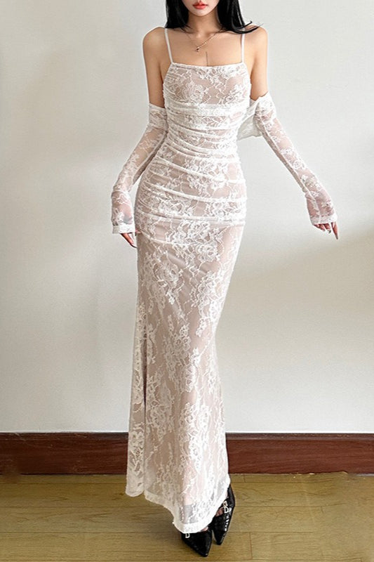 Floral Lace Square Neck Long Sleeve Ruched Mermaid Maxi Dress