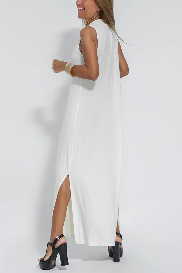 Deep V-Neck Center Pleat Sleeveless Flowy Maxi Dress