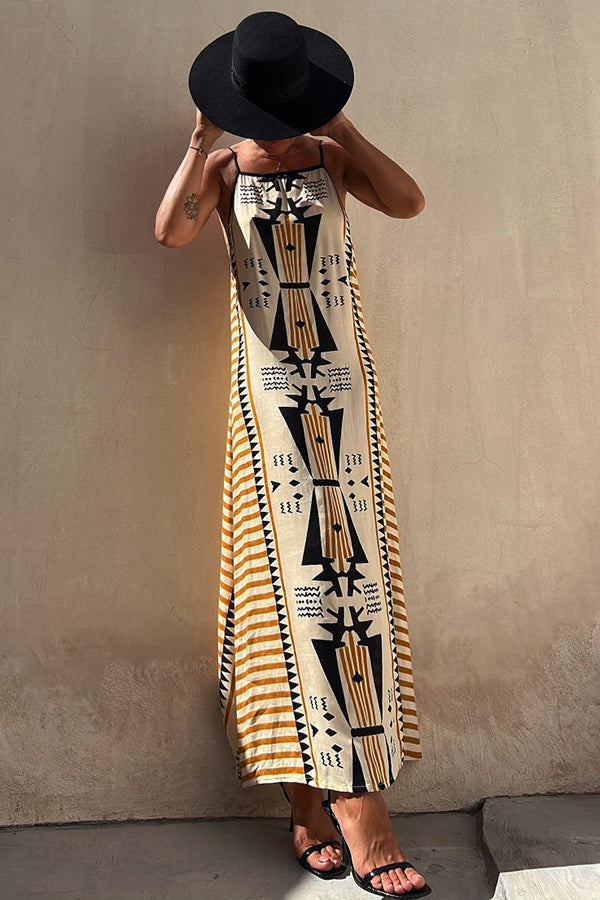 Geometric Tribal Print Square Neck Spaghetti Strap Maxi Dress