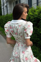 Oversized Collar Puff Sleeve Pearl Button Ruffle Tier Hem Floral Print Mini Dress