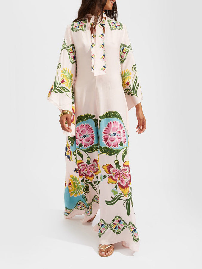 Mock Neck Bell Sleeve Floral Border Print Flowy Maxi Dress