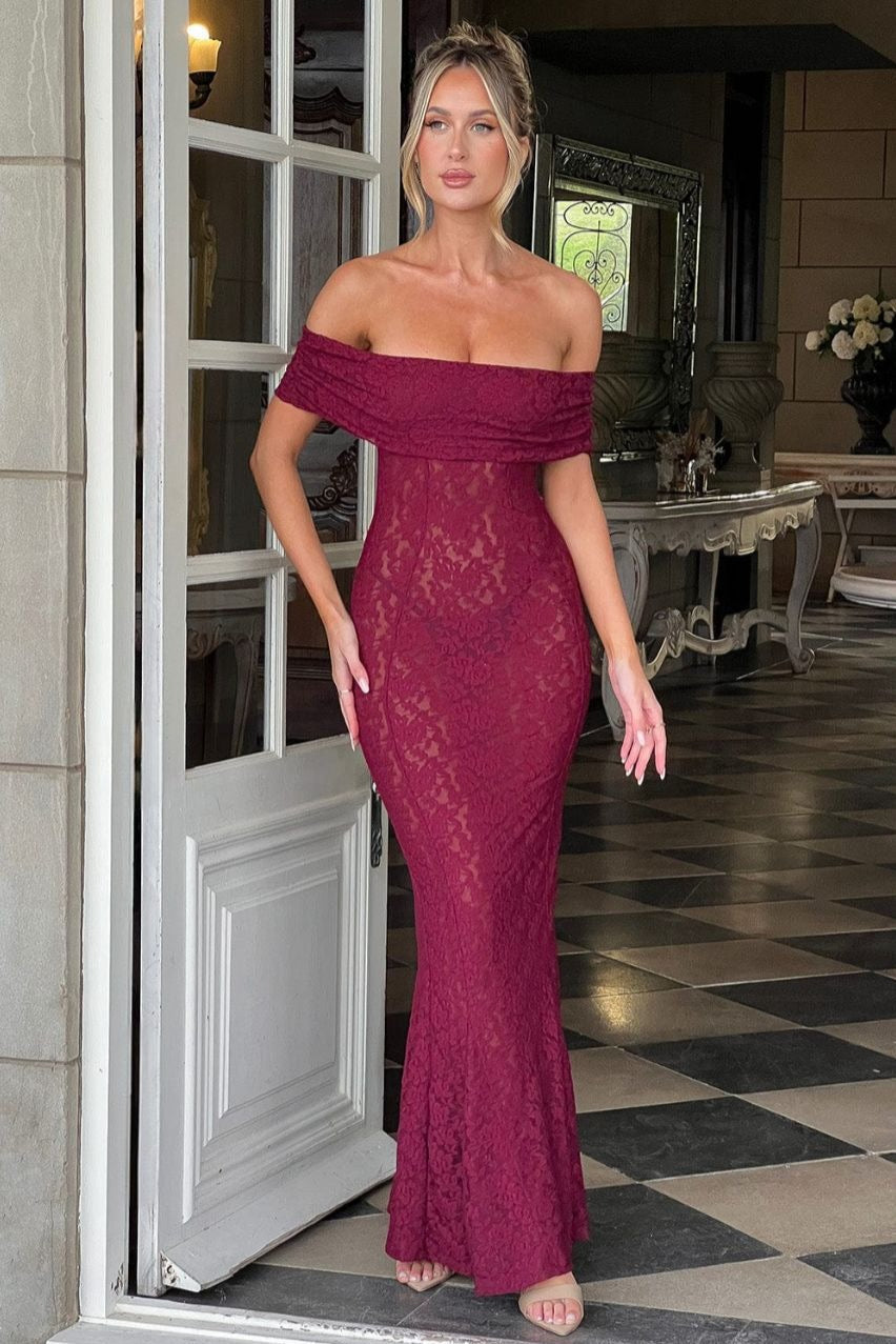 Floral Lace Off Shoulder Foldover Cuff Mermaid Maxi Dress