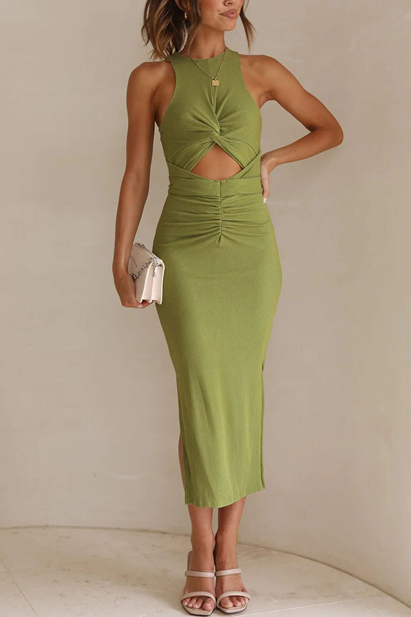 Ribbed Knit Racerfront Twist Front Cutout Ruched Waist Bodycon Midi Dress