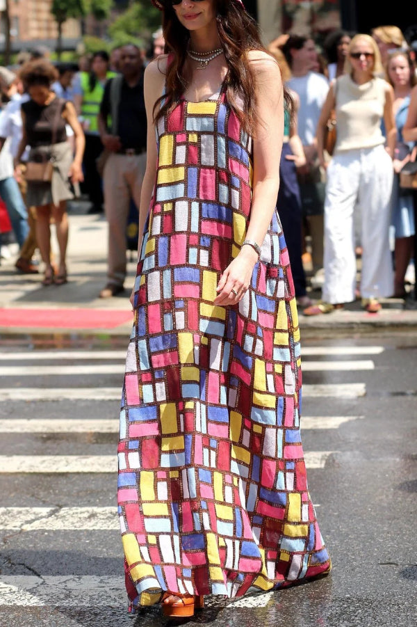 Stylish Color-blocked Plaid Print Sleeveless Round Neck Loose Maxi Dress