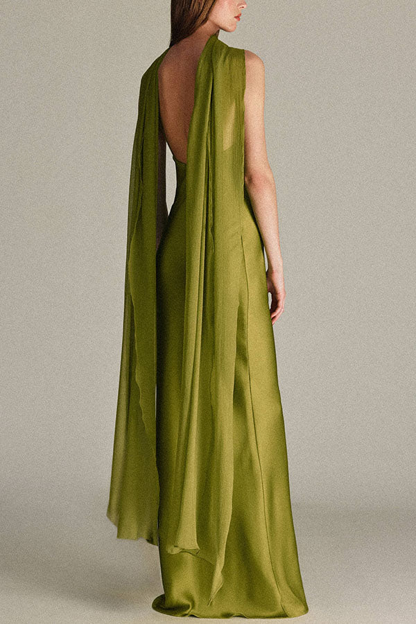 Elegant and Refined Satin Detachable Scarf-style Halter Maxi Dress