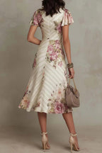 Floral Print V-neck Ruffled Sleeves Waist-cinching Pleated Elegant Midi Dress