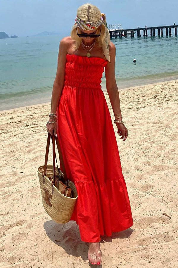 Strapless Smocked Ruffle Trim Tiered Maxi Dress