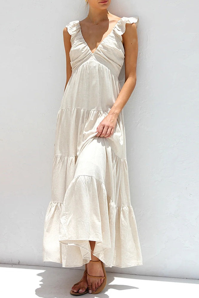 Deep V-Neck Ruffle Strap Tiered Maxi Dress