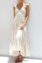Deep V-Neck Ruffle Strap Tiered Maxi Dress