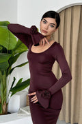 Round Neck Rose Embellished Long Sleeve Party Dress