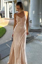 Satin Spaghetti Strap Open Back Maxi Slip Dress