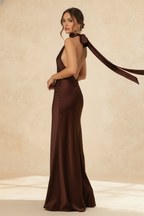 Satin Halter Neck Backless Draped Sash Button Detail Maxi Gown