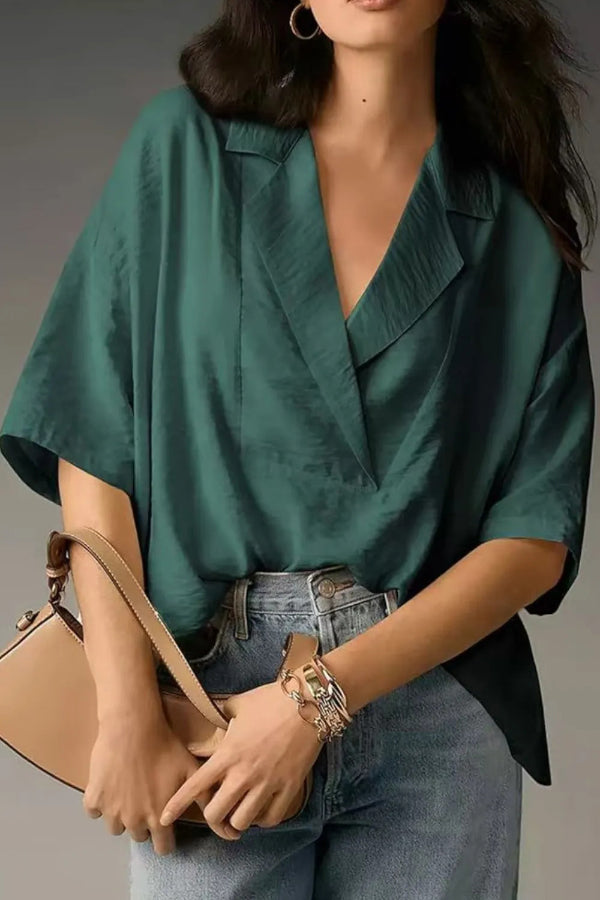 Solid Color Loose Lapel Short-sleeved Casual Shirt