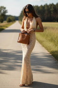 Lace Halter Neck Deep V-Neck Backless Bodycon Maxi Dress