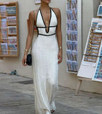 Crochet Knit Halter Plunging V-Neck Contrast Trim Band Waist Maxi Dress