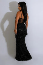 Sequin Diamond Quilt Tassel Fringe Sweetheart Corset Mesh Maxi Gown