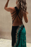 Tie Dye Print Halter Strappy Back Bodycon Maxi Dress