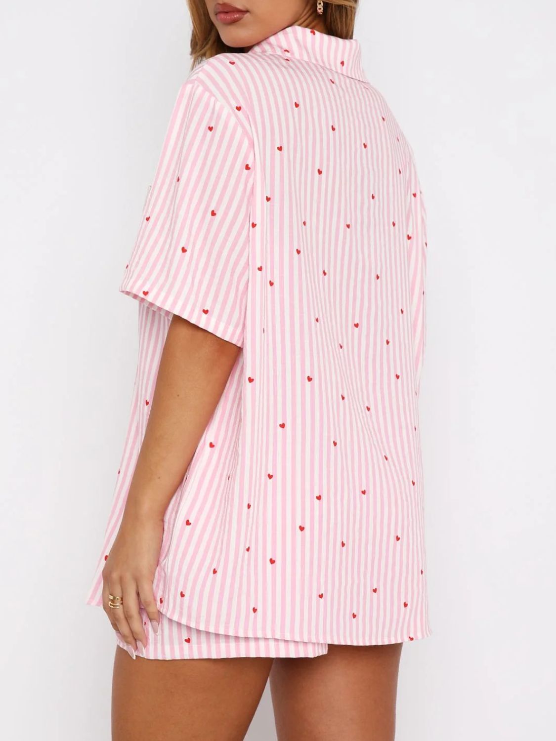 Blue Zone Planet | Valentine's Day Printed Collared Neck Short Sleeve Top And Shorts Set
