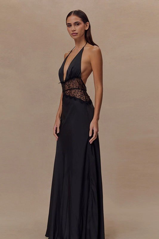 Satin Deep V-Neck Halter Lace Waist Panel Maxi Gown