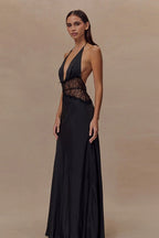Satin Deep V-Neck Halter Lace Waist Panel Maxi Gown