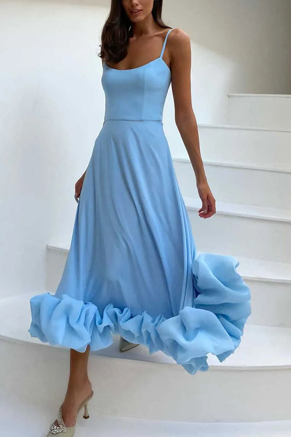 Spaghetti Strap Scoop Neck Ruffled Flounce Hem A-Line Maxi Dress