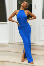 Crochet Halter Neck Side Slit Bodycon Maxi Dress