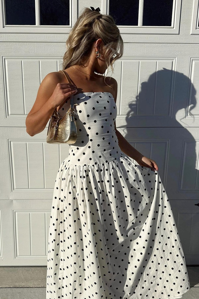 Strapless Polka Dot Dropped Waist Flowy Maxi Dress
