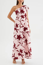 Botanical Print Sleeveless One-shoulder Tie-up Casual Vacation Maxi Dress