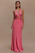 Satin Halter Deep V-Neck Lace Waist Panel Maxi Gown